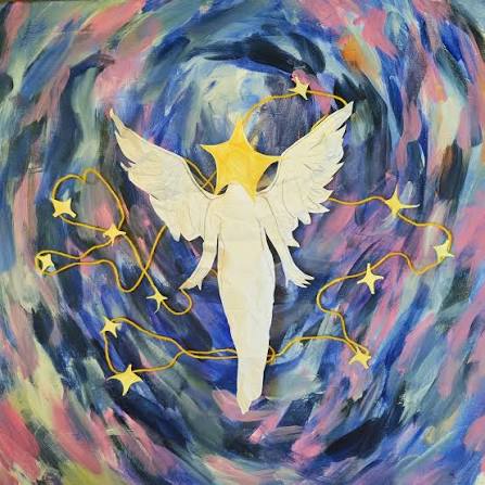 An abstract painting featuring a celestial figure with wings, surrounded by swirling colorful patterns of pink and blue, connected by golden threads and stars.
