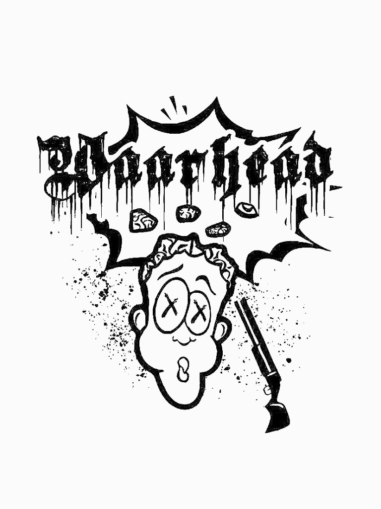 A graphic illustration featuring a cartoonish head with an exaggerated surprised expression, large round eyes marked with 'X's, and comic-style text saying '30th Head'. A shotgun is depicted adjacent to the head, along with splatter markings, contributing to a bold, edgy aesthetic.