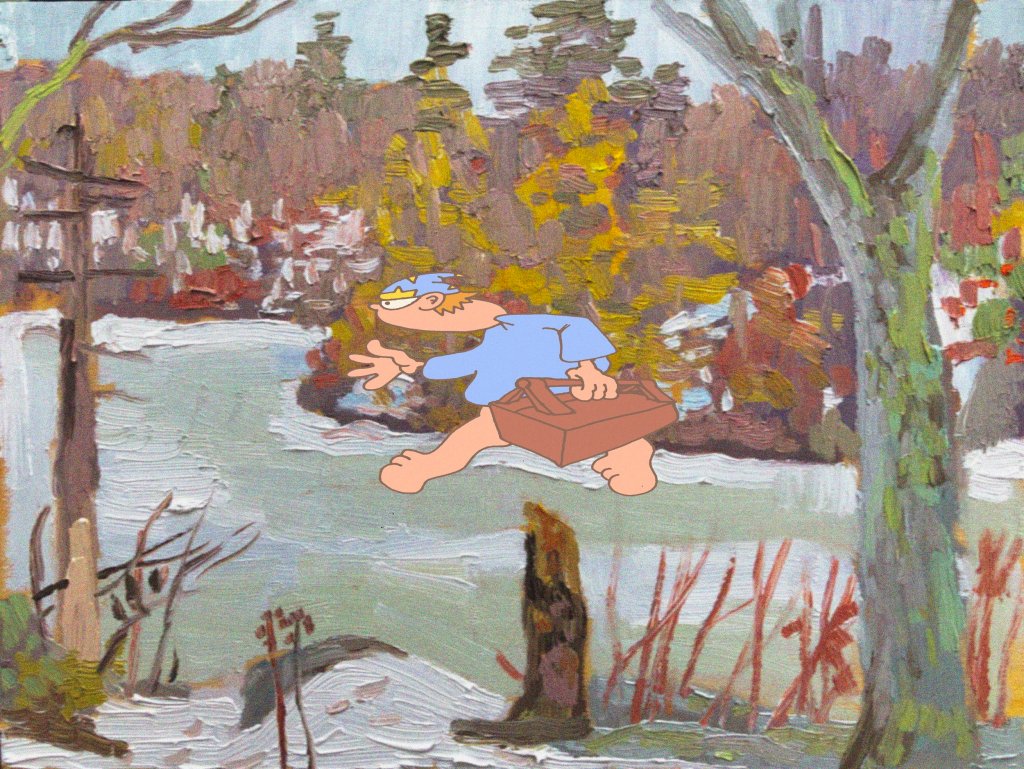 A cartoon character with a blue shirt and brown shorts walking over a river landscape, holding a brown briefcase, set against a backdrop of colorful autumn trees and a cloudy sky.