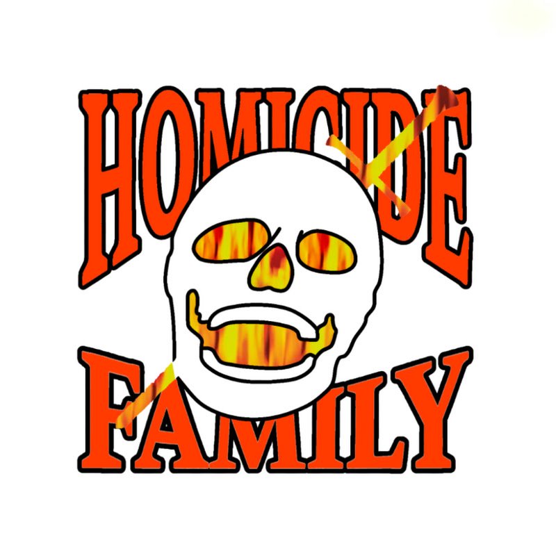 Illustration featuring the text 'HOMICIDE FAMILY' in orange with a stylized skull design that has flames in the eye sockets and mouth.