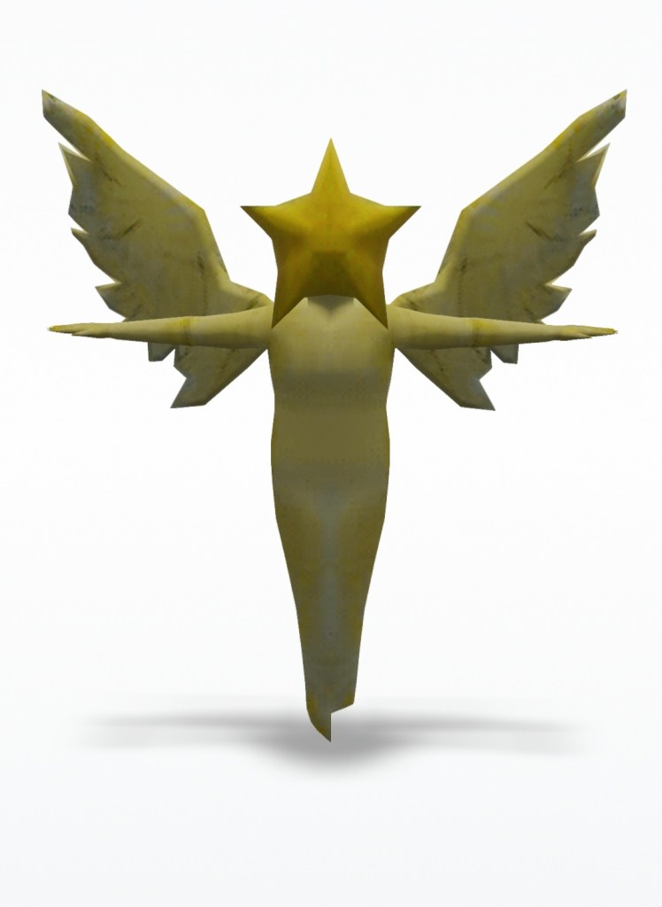 A stylized yellow angel figure with a star-shaped head and large wings, viewed from behind.