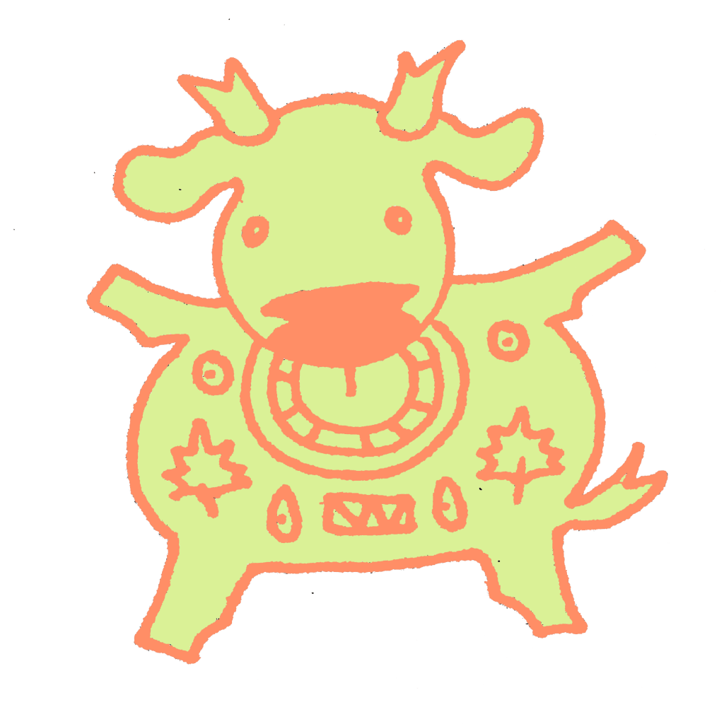 A drawing of a cartoonish cow with a round body, embellished with various patterns and shapes, rendered in bright yellow and orange colors.